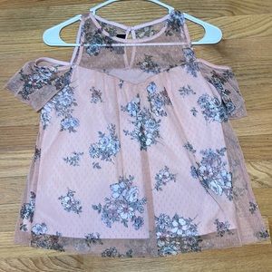 Light pink, olive green, and white floral blouse